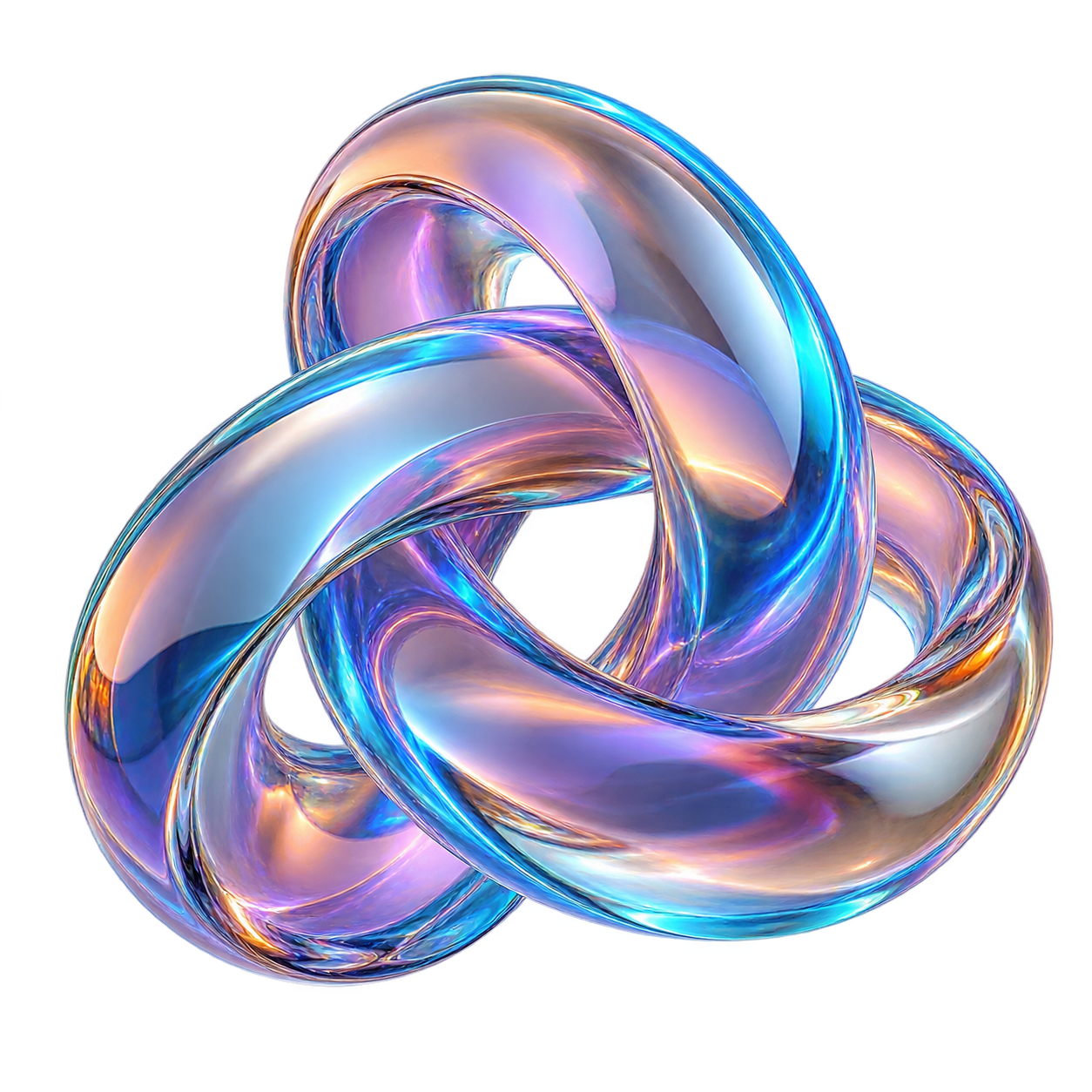 An original iridescent glass knot connecting flowing cyan, violet, and peach ribbons